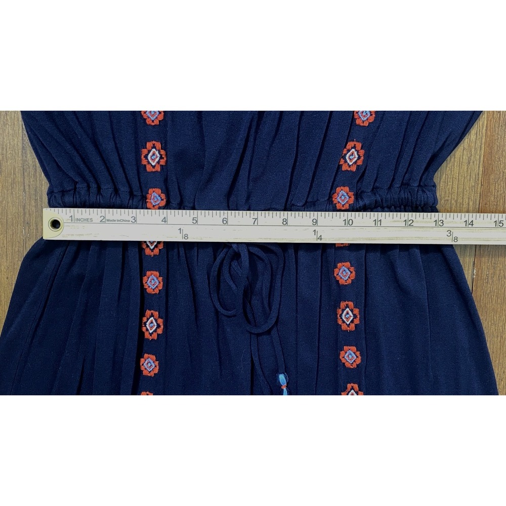 Womens Embroidered Dress Size Small Navy Blue Boho Floral Folk Hippie Waist Tie - Picture 9 of 11